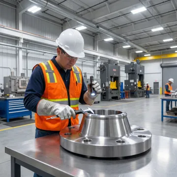 MTS Forge technician inspecting a forged alloy steel F1 weld neck flange
