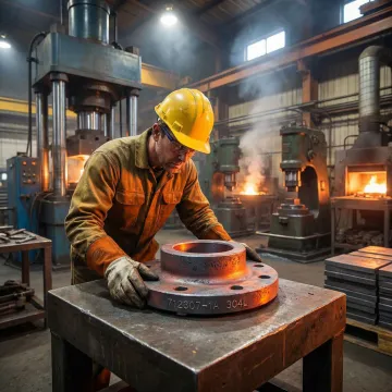MTS Forge technician inspecting alloy steel lap joint flanges during production