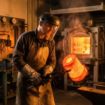 Metallurgist inspecting a normalized forged component in an industrial facility