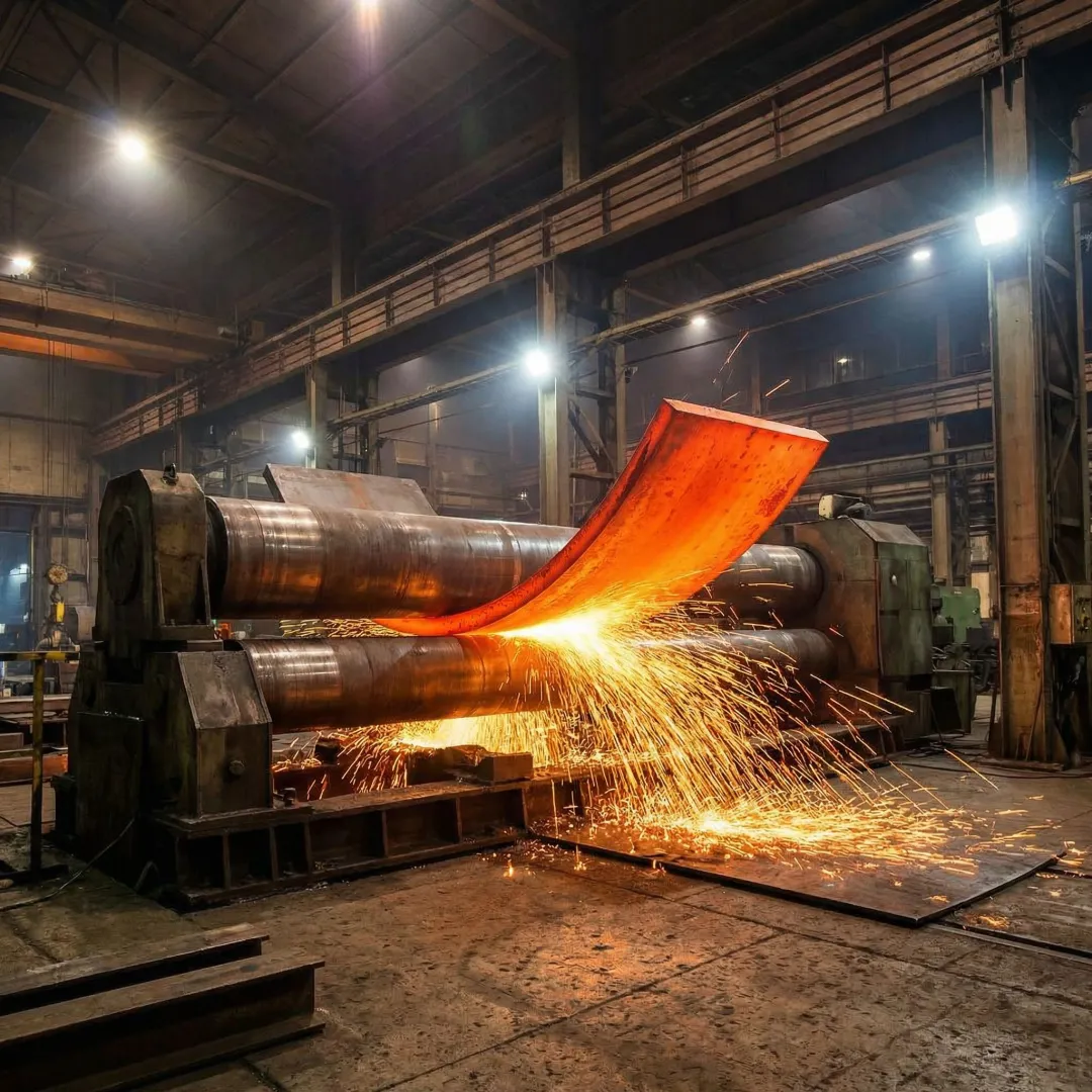 Steel plate rolling and forming process at an industrial forge facility in Houston, TX