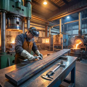 Metallurgist inspecting a normalized alloy steel flat bar after heat treatment