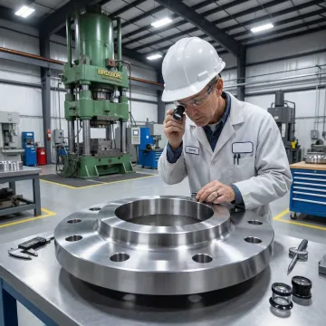 MTS Forge technician inspecting a forged Inconel flange for quality assurance