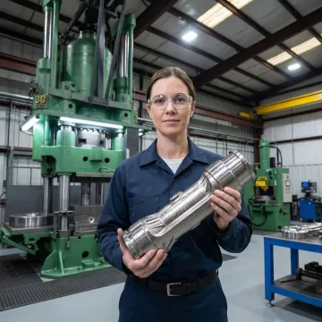 MTS Forge technician inspecting an Inconel 617 nickel alloy forged component in a quality control environment