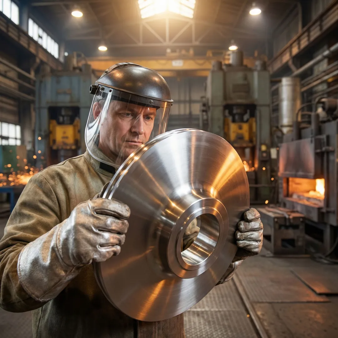 Metallurgist inspecting nickel alloy forged part after heat treatment at MTS Forge facility
