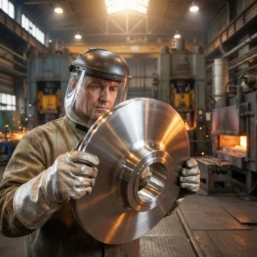 Metallurgist inspecting nickel alloy forged part after heat treatment at MTS Forge facility