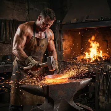 Blacksmith hand forging a carbon steel pan on an anvil in a forge workshop