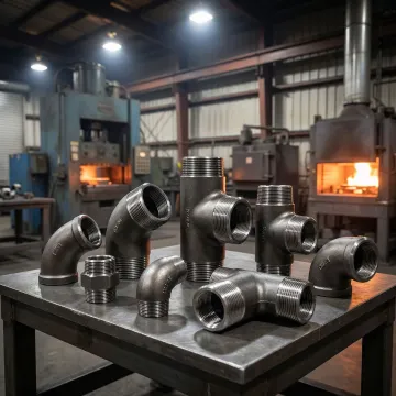 Carbon steel forged pipe fittings arranged on an industrial surface at a forge manufacturing facility