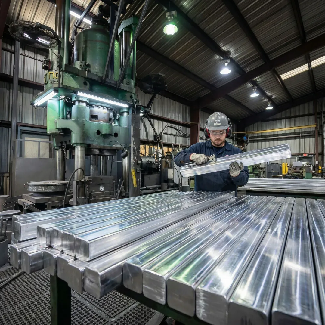 MTS Forge technician inspecting forged aluminum bar components at the Coatesville facility