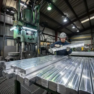 MTS Forge technician inspecting forged aluminum bar components at the Coatesville facility