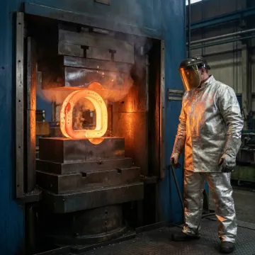 Forging technician inspecting a hot steel D-ring forging on a press at an industrial facility