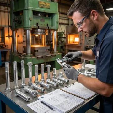 MTS Forge technician inspecting forged aluminum lug nuts on a precision measurement table