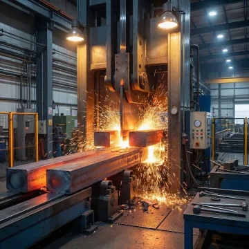 Industrial metal profile shearing and cutting equipment processing large steel billets in a manufacturing facility