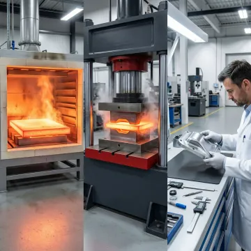 Step-by-step hot drape forming process from furnace heating to finished contoured metal component