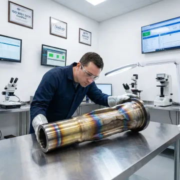 Metallurgist inspecting a heat-treated forged steel component for defense application in a quality-controlled facility