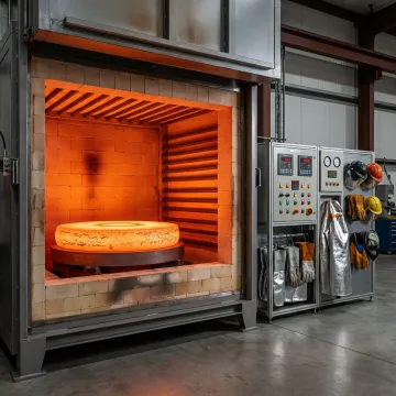 Forged metal component undergoing normalizing heat treatment in an industrial furnace at a defense-grade manufacturing facility
