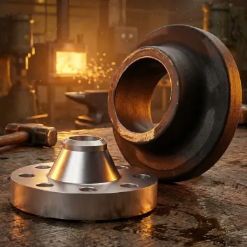 Forged alloy steel pipe flanges arranged on an industrial workbench at a Pennsylvania forge facility