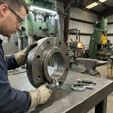 MTS Forge technician inspecting a forged alloy steel flange for dimensional accuracy