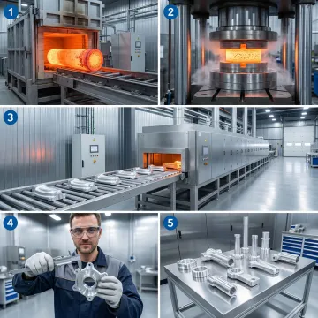 Step-by-step aluminum forging process from billet to finished component