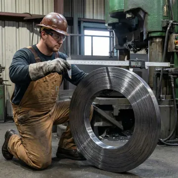 Technician inspecting a large forged steel ring on the production floor