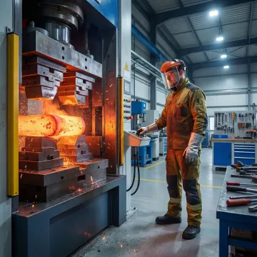 MTS Forge technician operating a closed-die forging press in a manufacturing facility
