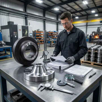 Alloy steel flanges undergoing quality inspection in a forge manufacturing facility