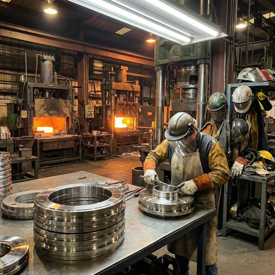 Precision aerospace forged components on a manufacturing floor at MTS Forge