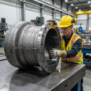 MTS Forge technician inspecting a forged manway component at the Coatesville Pennsylvania facility