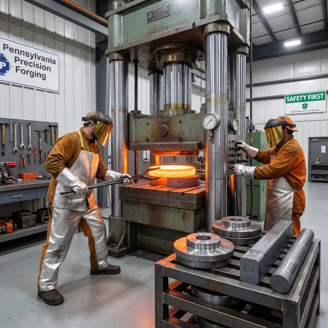 Contract manufacturing forging facility in Pennsylvania with industrial press and metal components