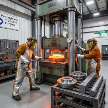 Contract manufacturing forging facility in Pennsylvania with industrial press and metal components