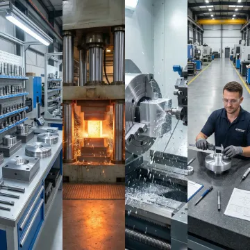 Step-by-step CNC aluminum block forging process in an industrial manufacturing facility