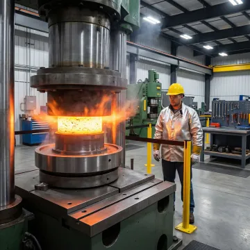 Forging press shaping an aluminum connecting rod billet in a die at an industrial forge facility