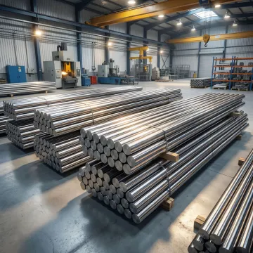 Normalized alloy steel round bars stacked at an industrial forging facility