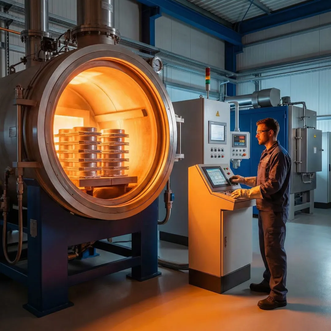 Aluminum heat treatment furnace processing aerospace-grade components in an industrial facility