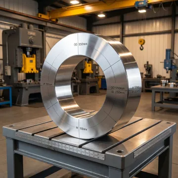 Stainless steel roll ring forging being inspected for dimensional accuracy