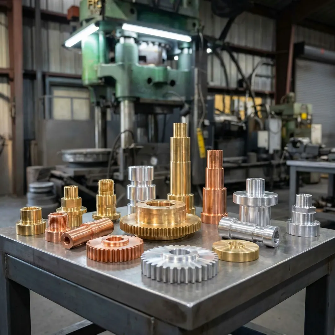 Precision brass, copper, and aluminum forged components on an industrial workbench