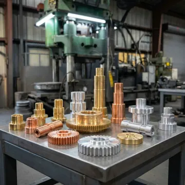 Precision brass, copper, and aluminum forged components on an industrial workbench