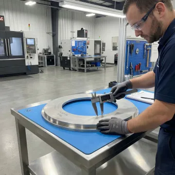 Quality inspector measuring a precision-machined Inconel part with calipers