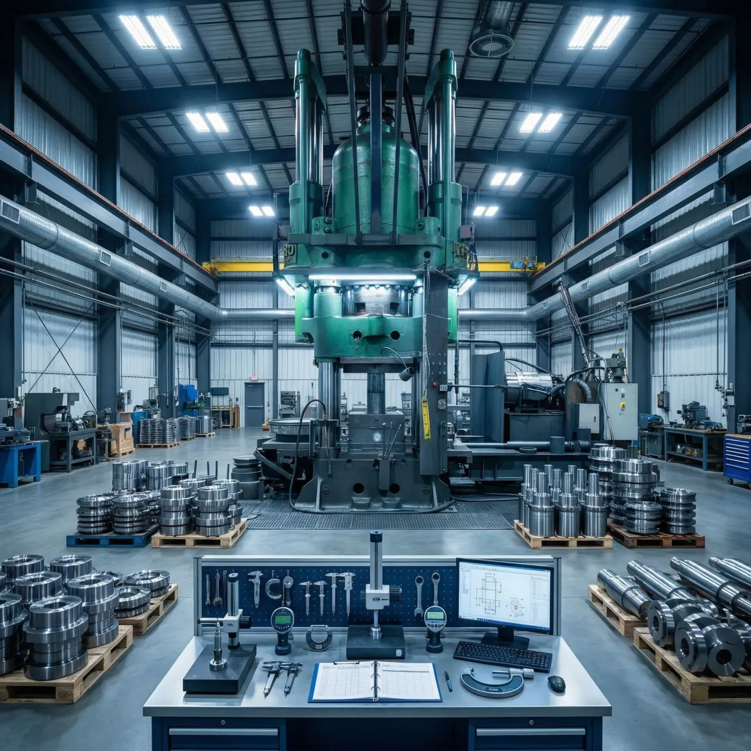 MTS Forge metal forming facility interior with forging press and machined components