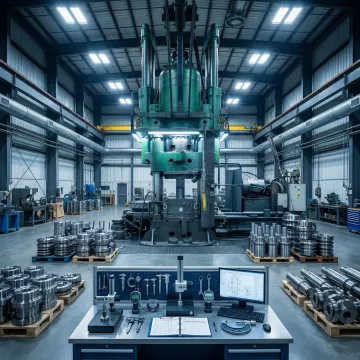 MTS Forge metal forming facility interior with forging press and machined components