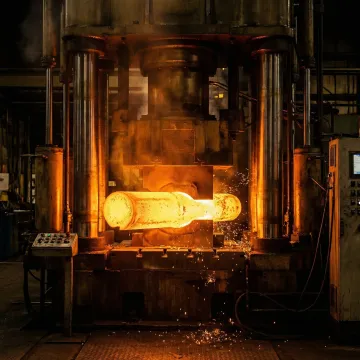 Forging press shaping nickel aluminum bronze billet at MTS Forge facility