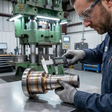 MTS Forge technician inspecting a precision forged defense slide component