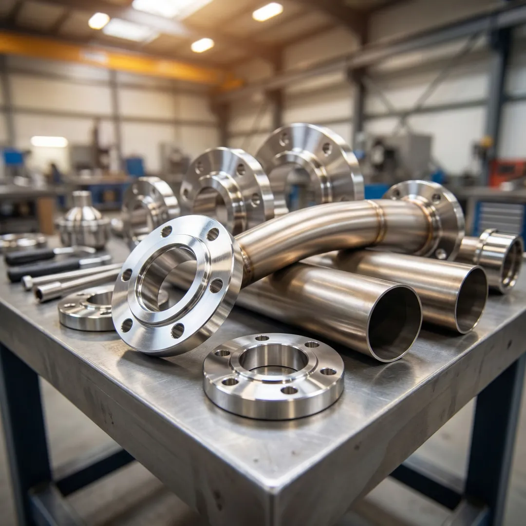 Precision-forged stainless steel flanges and nickel alloy pipes arranged in an industrial forge facility