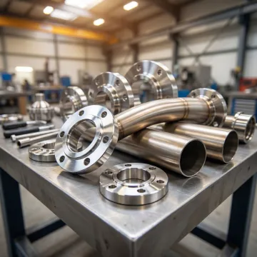Precision-forged stainless steel flanges and nickel alloy pipes arranged in an industrial forge facility