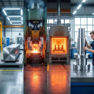 Step-by-step industrial forging process from billet to finished machined component