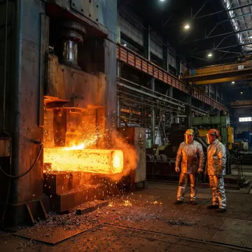 Industrial metal forming press shaping hot steel forging in a manufacturing facility