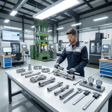 Engineer reviewing forged aluminum components in a quality inspection area