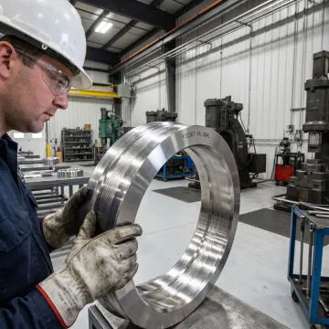 MTS Forge technician inspecting an Inconel 625 forged component for dimensional accuracy