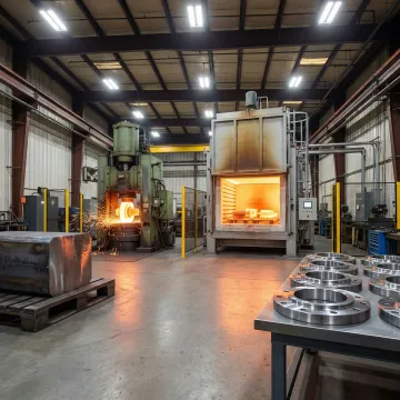 Forging process steps showing ring forging production from raw material to finished flange