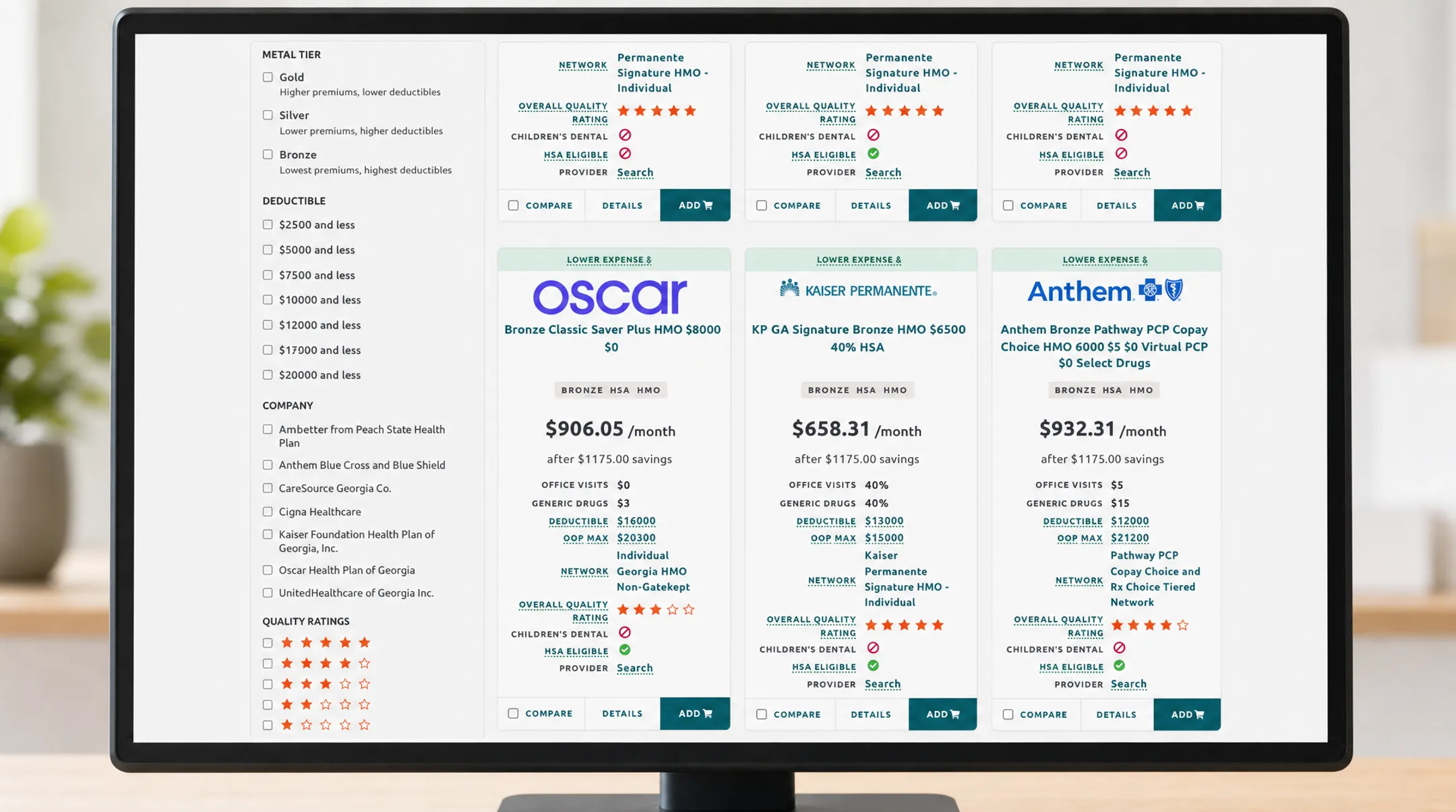Health insurance marketplace plan selection interface for individual coverage