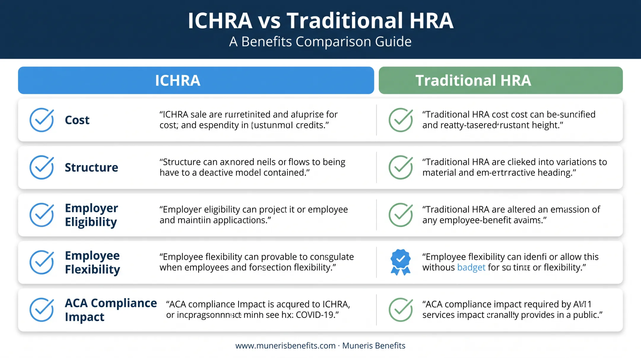 ICHRA versus traditional HRA comparison chart across five key factors